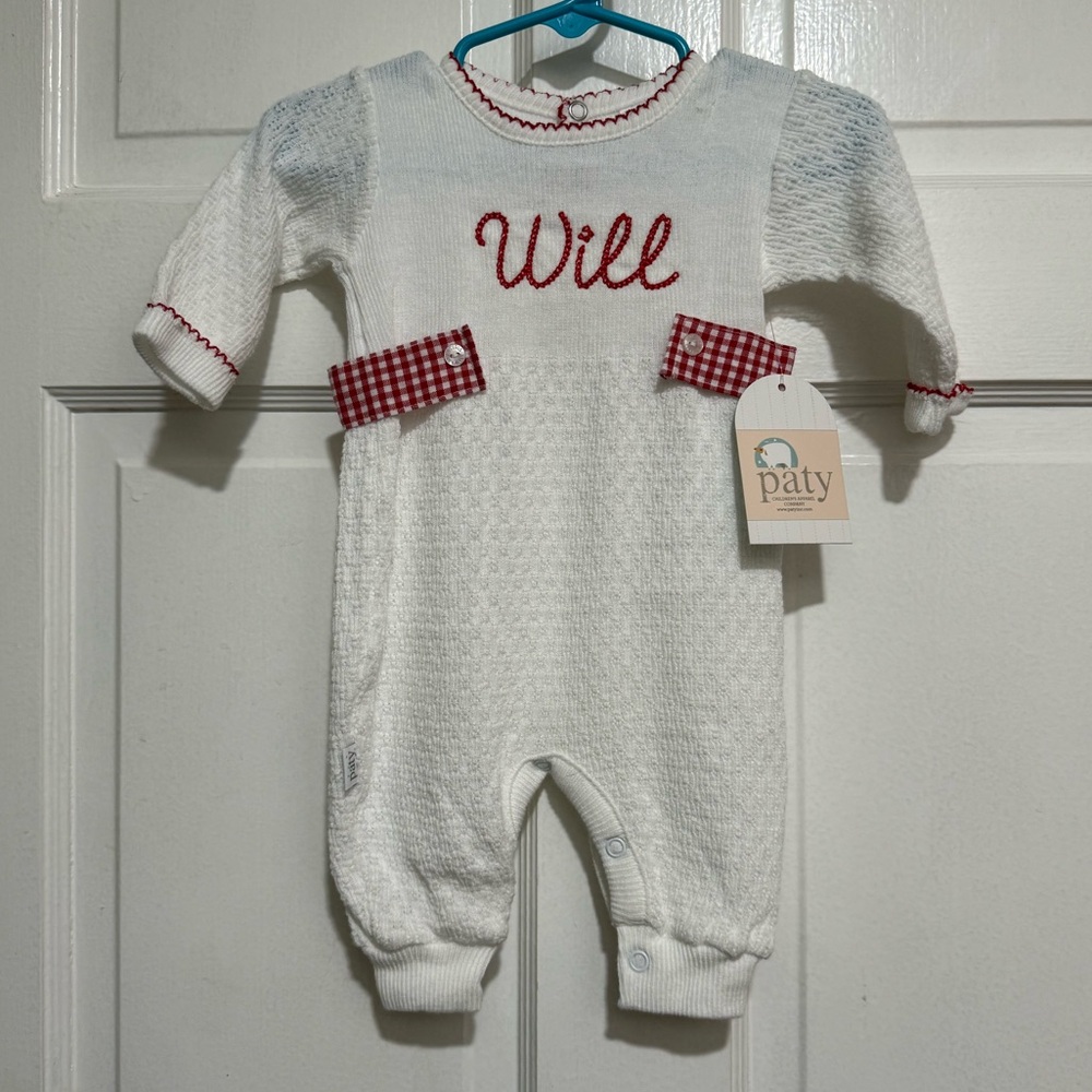 “Will” Monogrammed Sweater Outfit NEW White Plaid Long Sleeve‎ Pants 3 Months